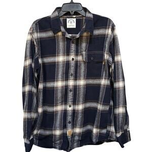 Dubinik Flannel Shirt Mens Size L Blue Brown Plaid Button Up 100% Cotton